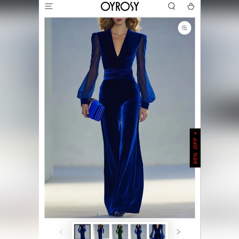 OYROSY  Royal Velvet  Blue Elegant Women's V- Neck Jumpsuit Size M